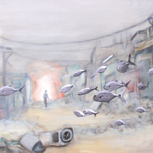 Weird Fishes, 70x90cm, Acryl, Collage auf Leinwand, 2010